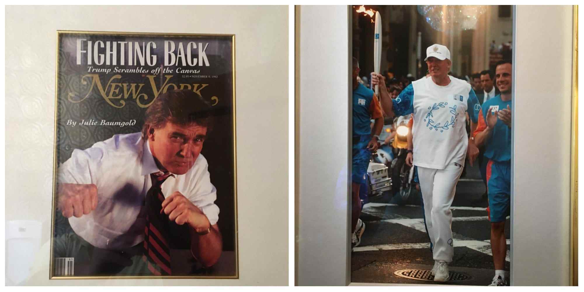 Fotos von Trump auf dem Cover des New York Magazine und wie er mit der olympischen Fackel läuft, hängen im März 2017 in einem Badezimmer in der Lobby von Mar-a-Lago.