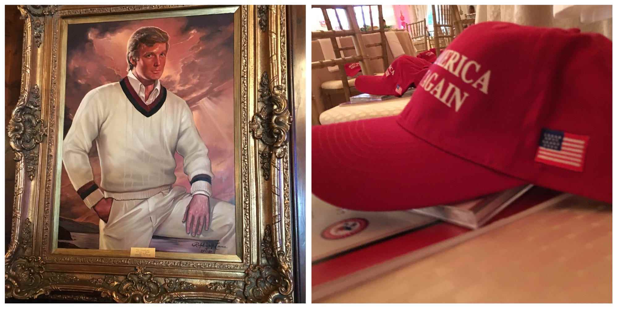 Ein Porträt von Donald Trump hängt im März 2017 in der Bar von Mar-a-Lago, und Make America Great Again-Hüte schmücken die Stühle im Ballsaal vor einem GOP-Dinner.