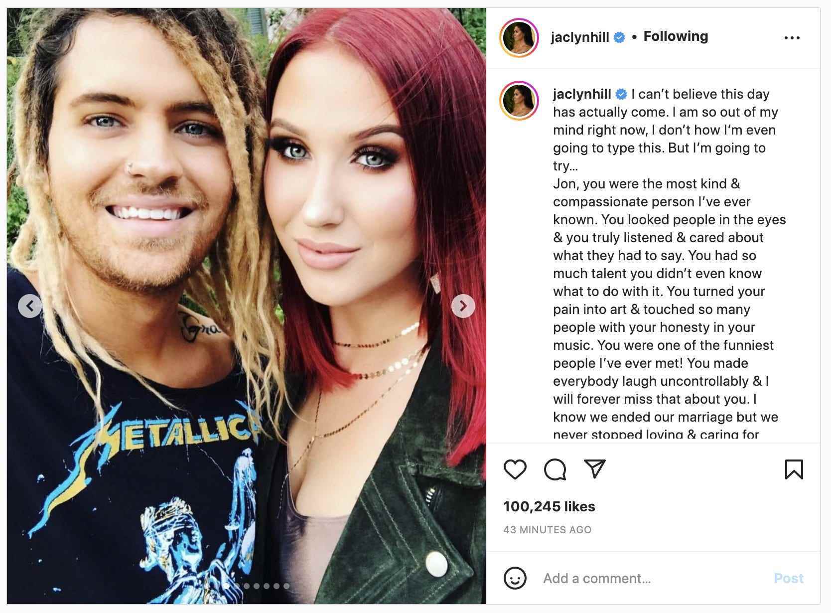 Ein Screenshot von Jaclyn Hills Instagram-Post nach dem Tod ihres Ex-Mannes.