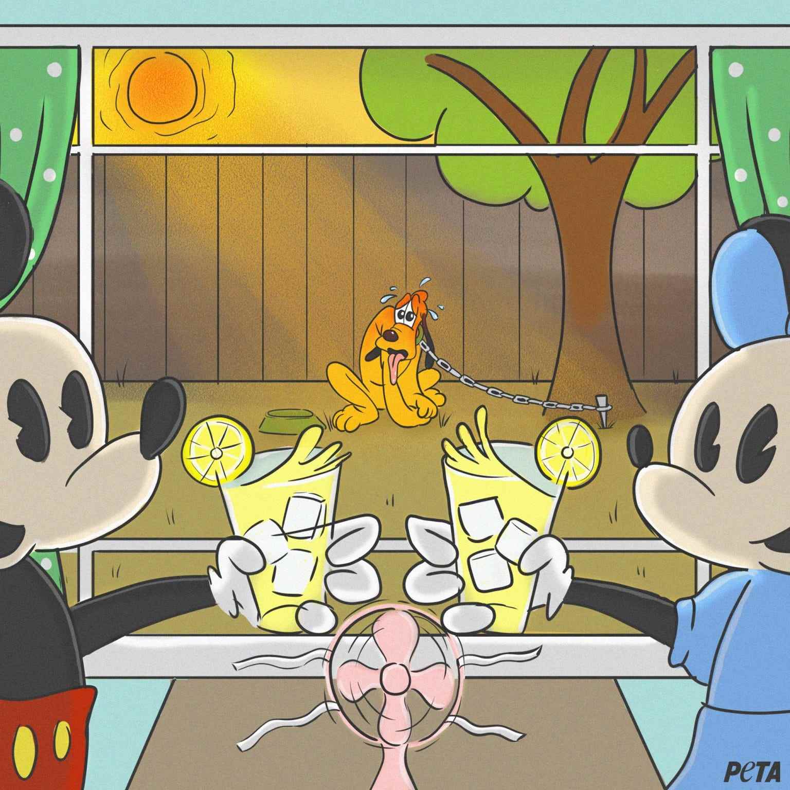 Mickey und Minnie sitzen drinnen bei kühler Luft und kalten Getränken, während Pluto draußen in der Sonne angekettet ist.