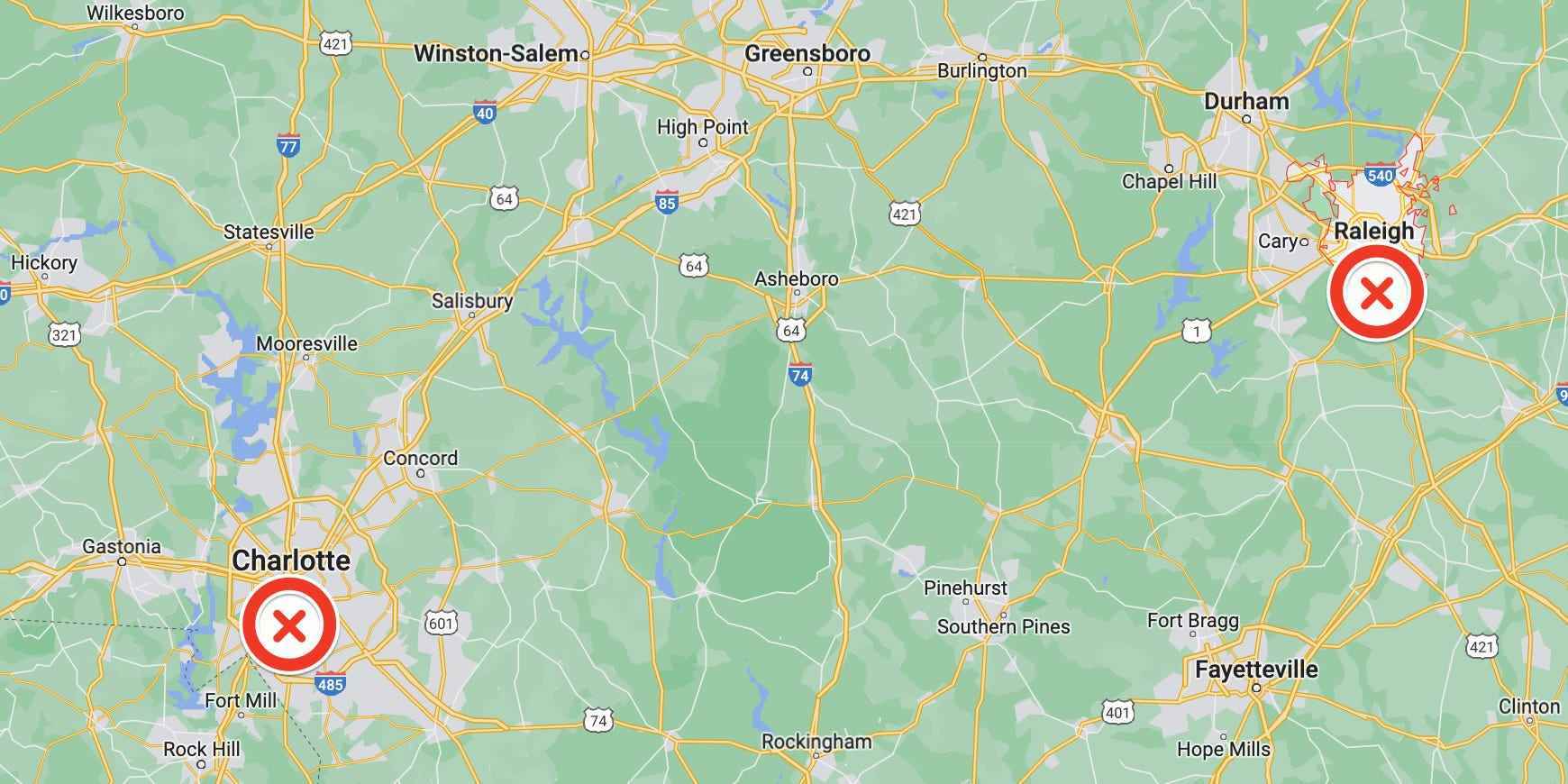 Eine Karte mit den jeweiligen Standorten in North Carolina von Raleigh und Charlotte