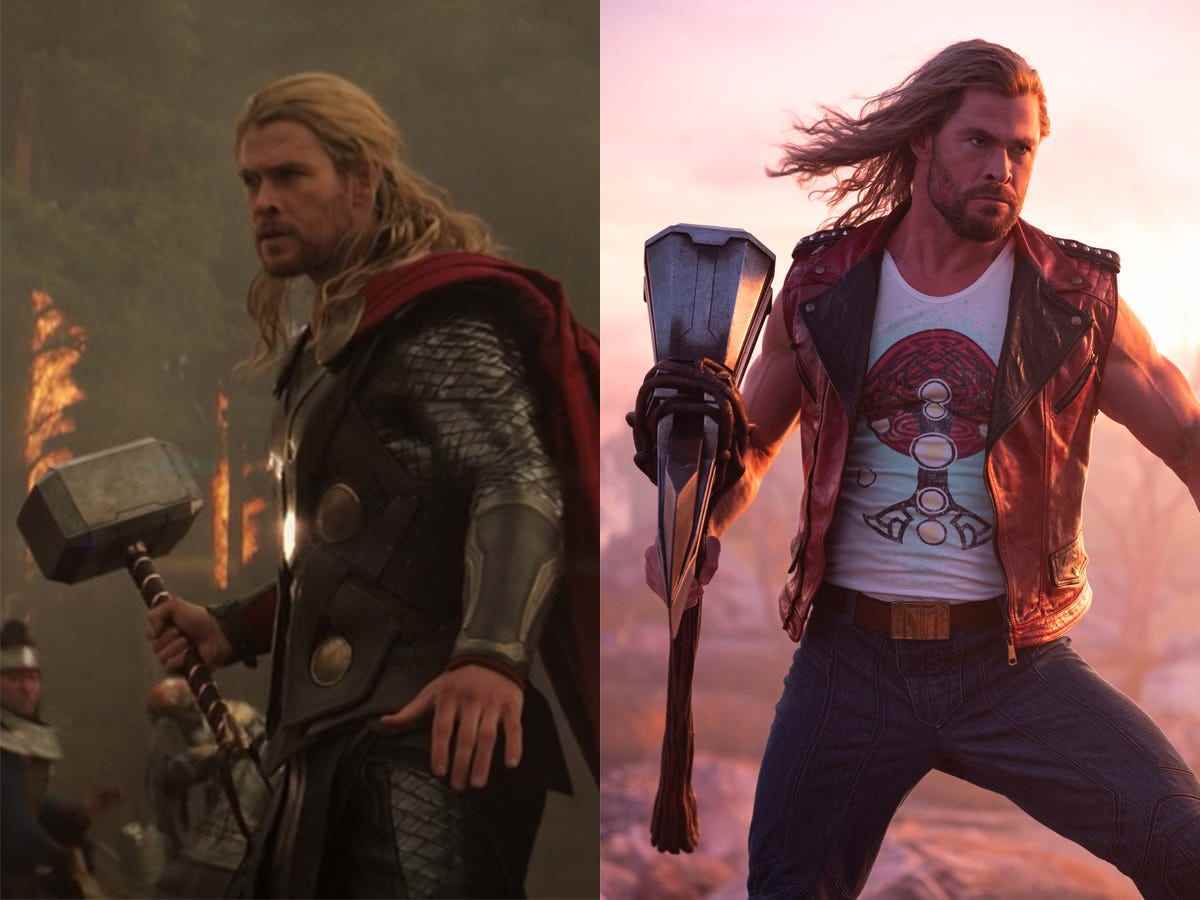 Links: Chris Hemsworth als Thor in „Thor: The Dark World“.  Rechts: Hemsworth in „Thor: Love and Thunder“.