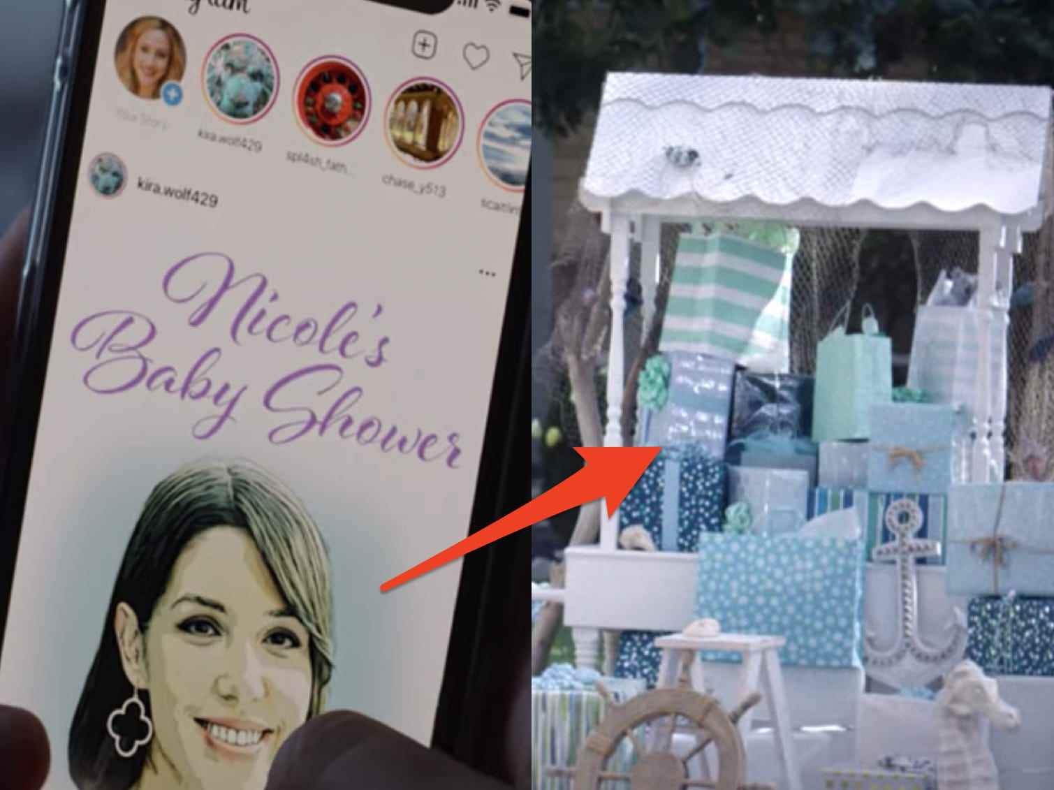Post über Nicoles Babyparty auf Natalies Handy und ein Stapel Geschenke bei der Babyparty in beide Richtungen