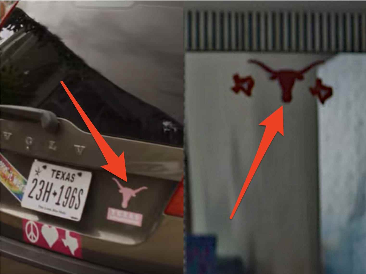 Texas-Autoaufkleber auf einem Auto und Texas-Aufkleber auf einem Spiegel sehen in beide Richtungen aus