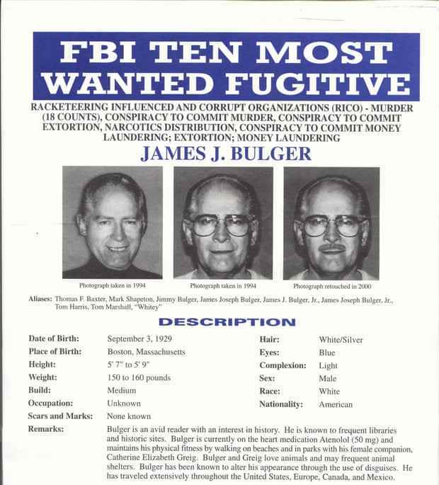 Ein FBI-Poster, das den Bostoner Gangster James „Whitey“ Bulger zeigt, herausgegeben im November 2000.