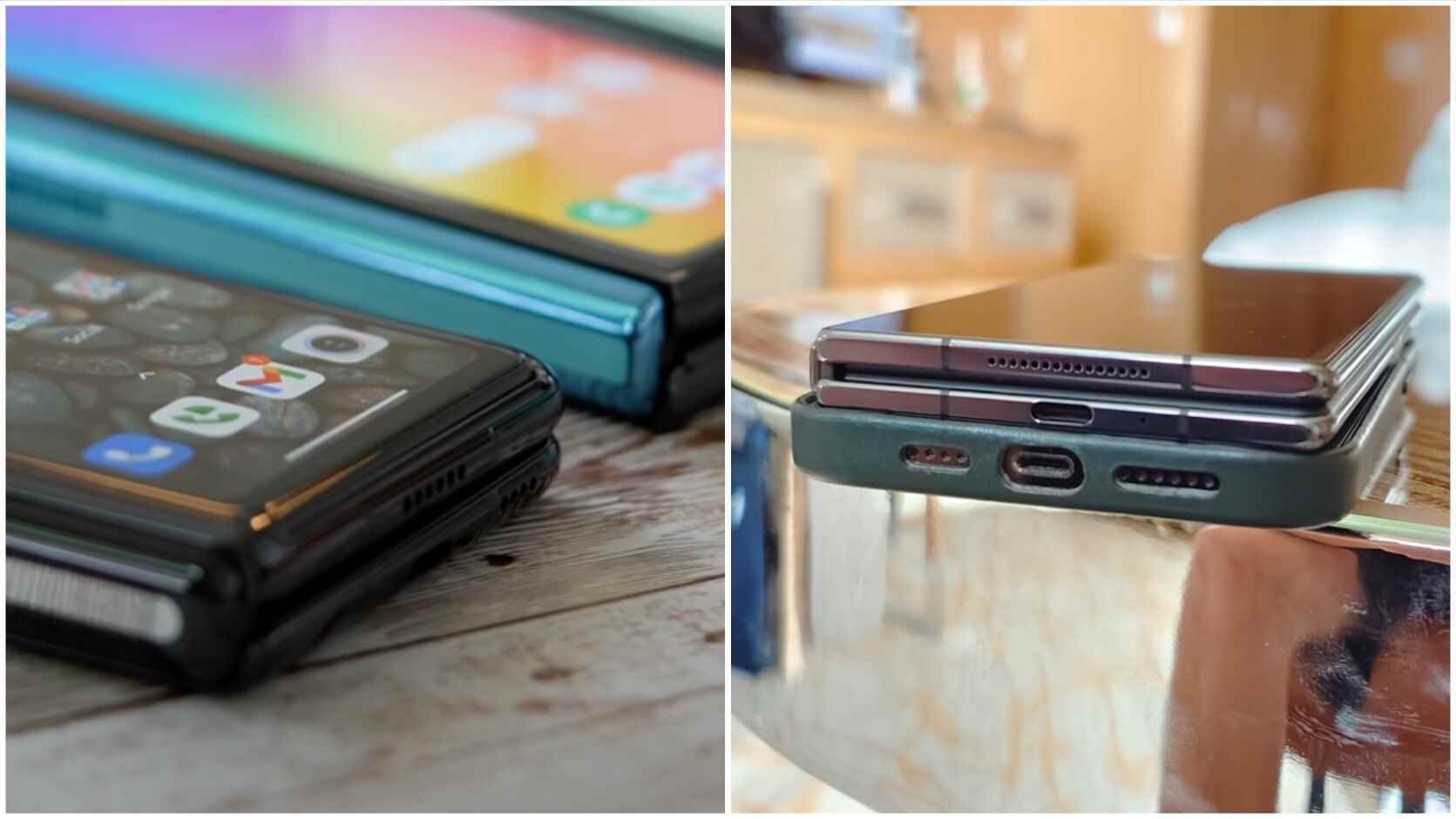 Xiaomi Mix Fold 2021 (links) und Xiaomi Mix Fold 2 gestapelt auf einem iPhone 13 Pro Max mit Hülle (rechts).  Bilder mit freundlicher Genehmigung von MrMobile und Ben Sin.  Xiaomis Fortschritt in der Hardware-Abteilung ist einer der größten Generationssprünge, die wir je in Bezug auf Telefone gesehen haben.  - Xiaomi Mix Fold 2: Endet Samsungs Monopol auf faltbare Telefone?