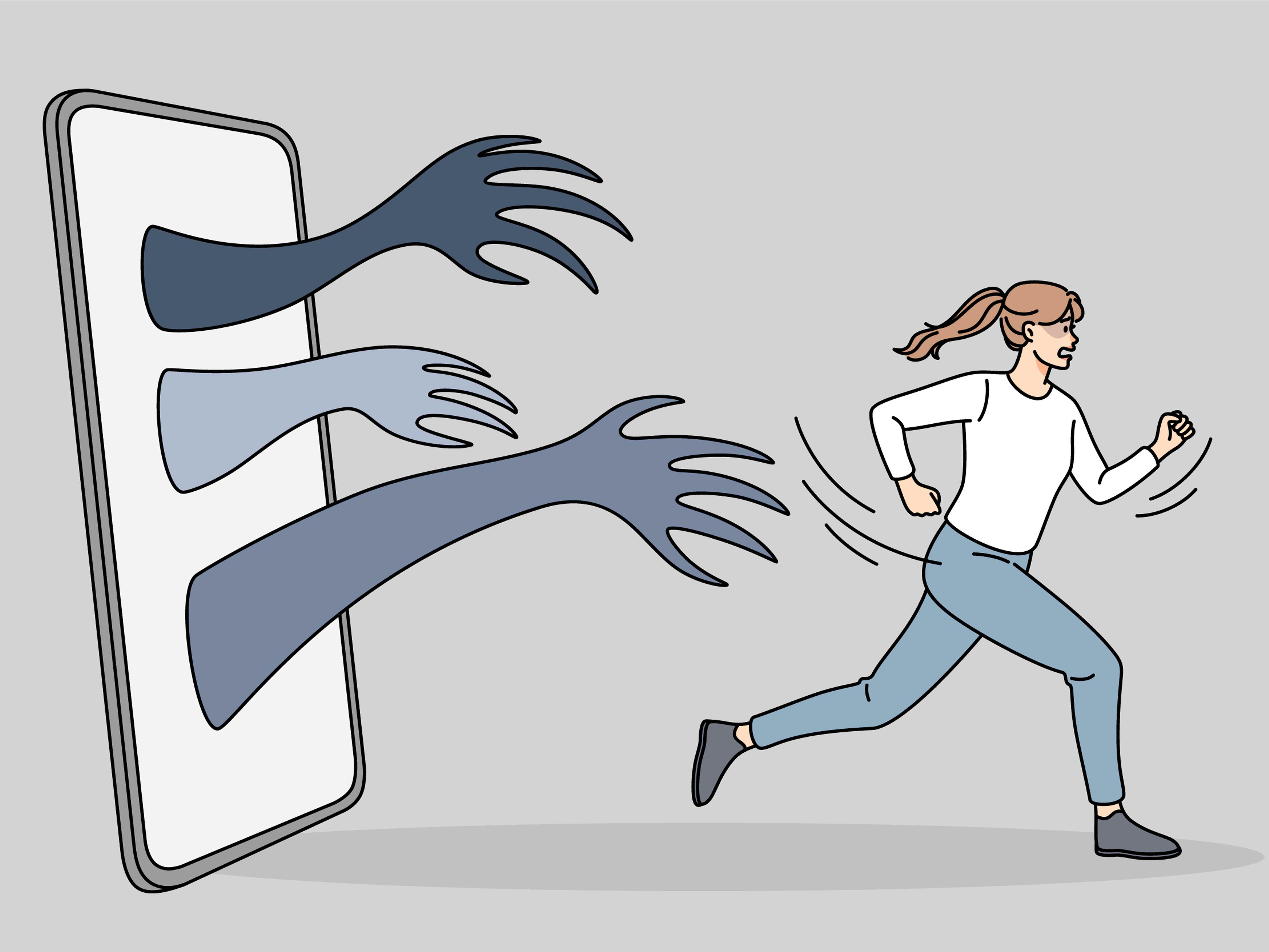 Verängstigte Frau rennt vor Händen davon, die vom Handy kommen.