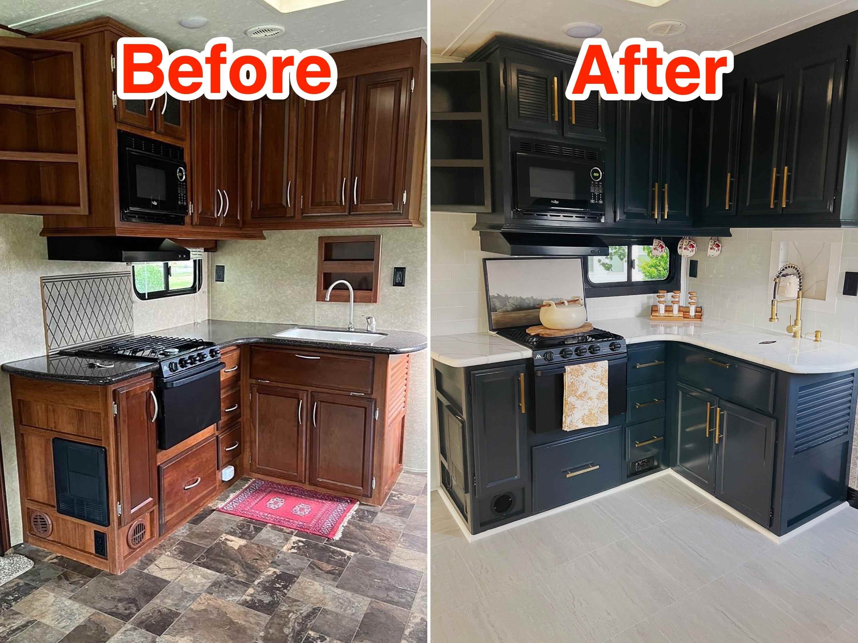 Vorher-Nachher-Fotos zeigen die Küche des Wohnmobils