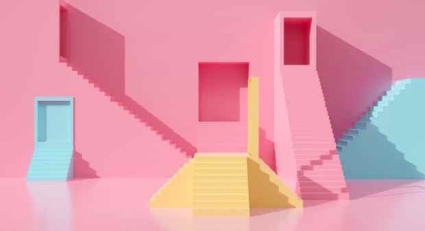 Pastell-3D-Rendering von Treppen und Portalen, die nach oben und unten führen