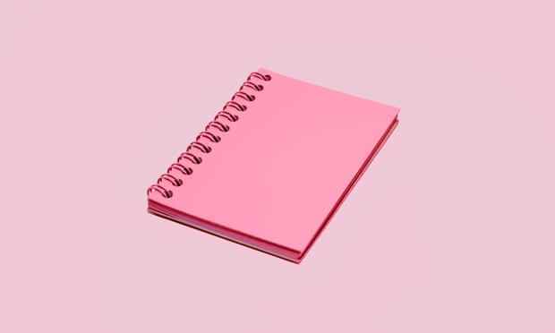 Ein rosa Spiralnotizbuch auf einem blassrosa Hintergrund.