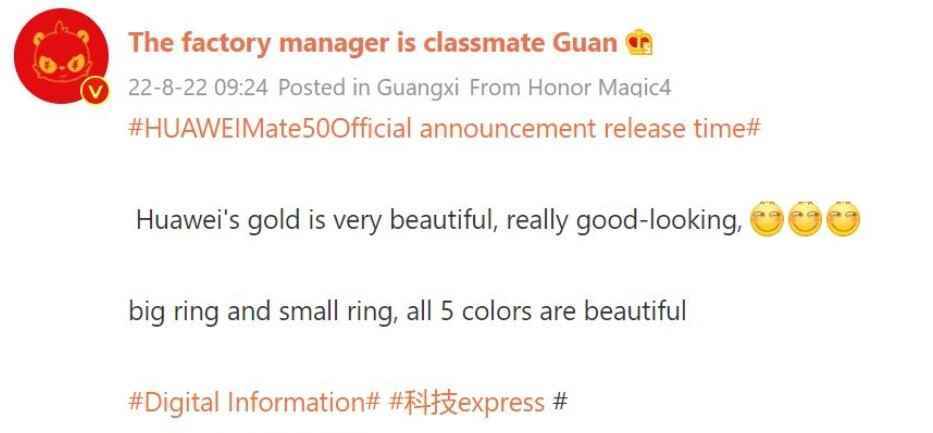 Der Tippgeber von Weibo sagt, dass die Mate 50-Reihe in fünf schönen Farben angeboten wird, darunter Gold - die Huawei Mate 50-Reihe wird am 6. September vorgestellt;  Tipster sagt, dass Sie fünf Farboptionen erwarten können
