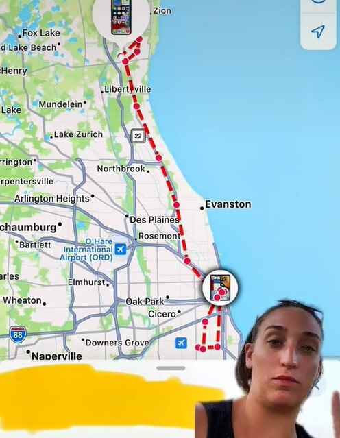 Die Karte zeigt die lange und kurvenreiche Reise, die Katrina Audreys gestohlenes iPhone in Chicago zurückgelegt hat - TikTok-Benutzer erklärt "hacken" Damit können Sie Ihr iPhone verfolgen, auch wenn es aus oder im Flugzeugmodus ist
