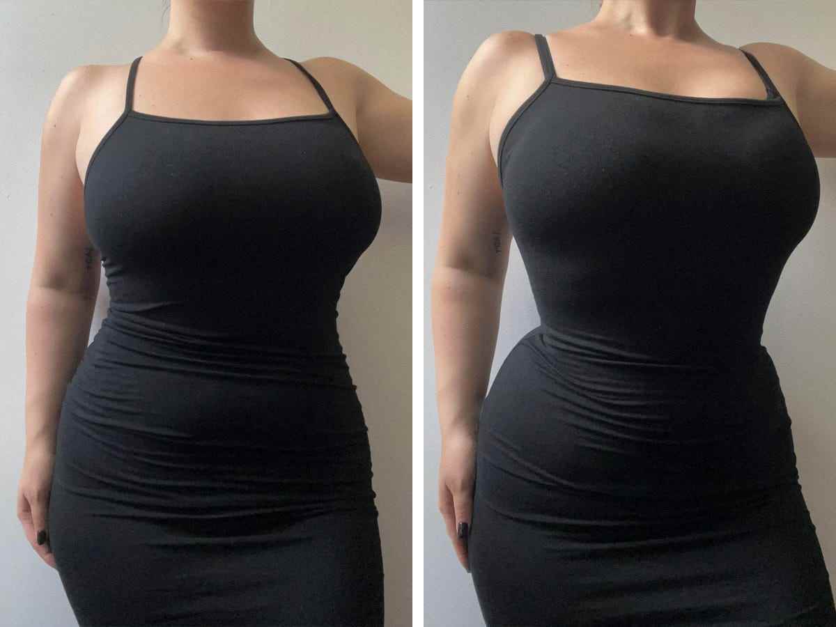 Vorher-Nachher-Collage eines Models in schwarzem Kleid ohne und mit knappem Body darunter