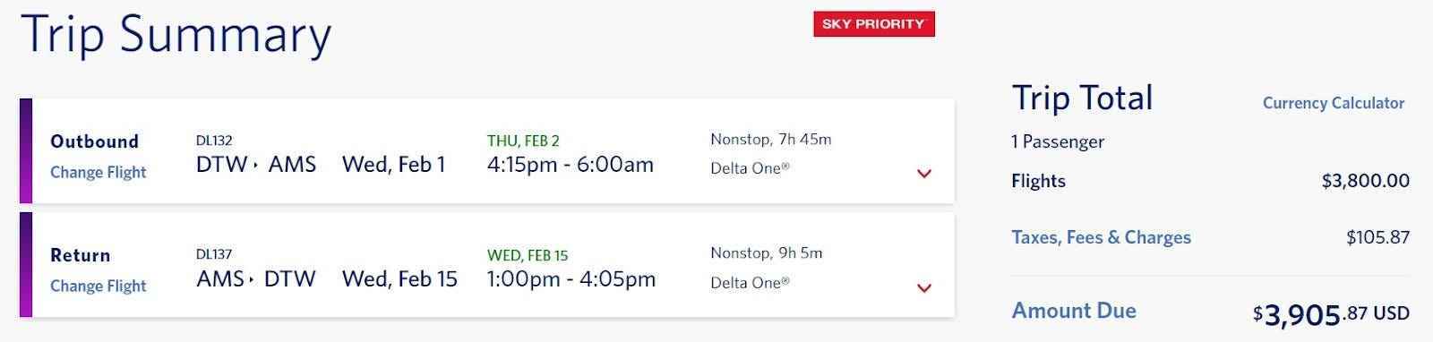 Screenshot des Barpreises von über 3.900 $ für einen Delta-One-Flug zwischen Detroit und Amsterdam.