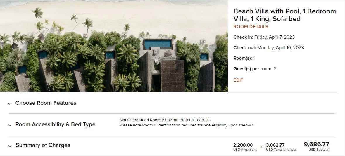 Screenshot der Kosten von 9.686 $ für einen bezahlten Aufenthalt von drei Nächten im St. Regis Maldives