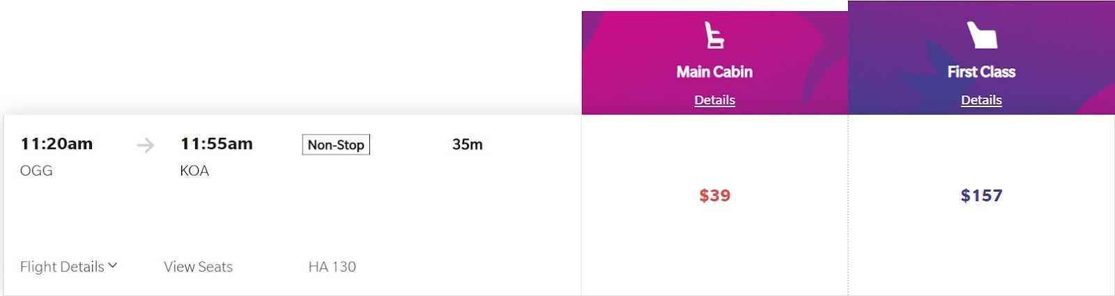 Screenshot der bezahlten Flugkosten zwischen den Inseln mit Hawaiian Airlines mit einem Tarif von 39 $ in der Economy und 157 $ in der First Class.