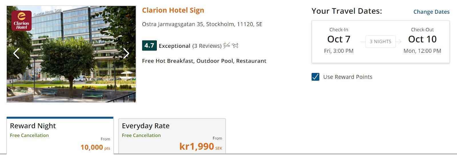 Screenshot einer Buchung am Clarion Hotel Sign in Stockholm mit 10.000 Punkten oder 1.990 Kronen Preis.