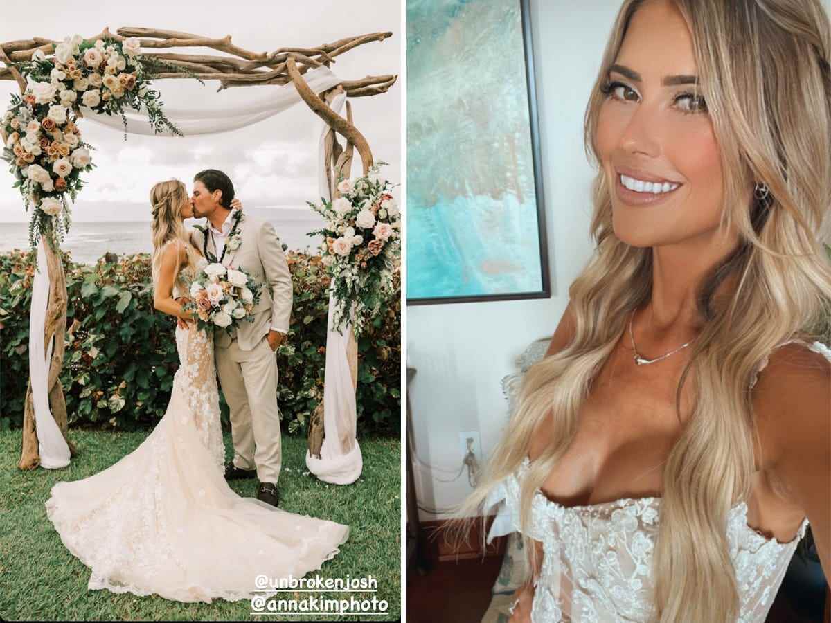 Eine Seite an Seite von Christina und Josh Hall, die sich an ihrem Hochzeitsaltar küssen, und ein Selfie von Christina Hall in ihrem Hochzeitskleid.
