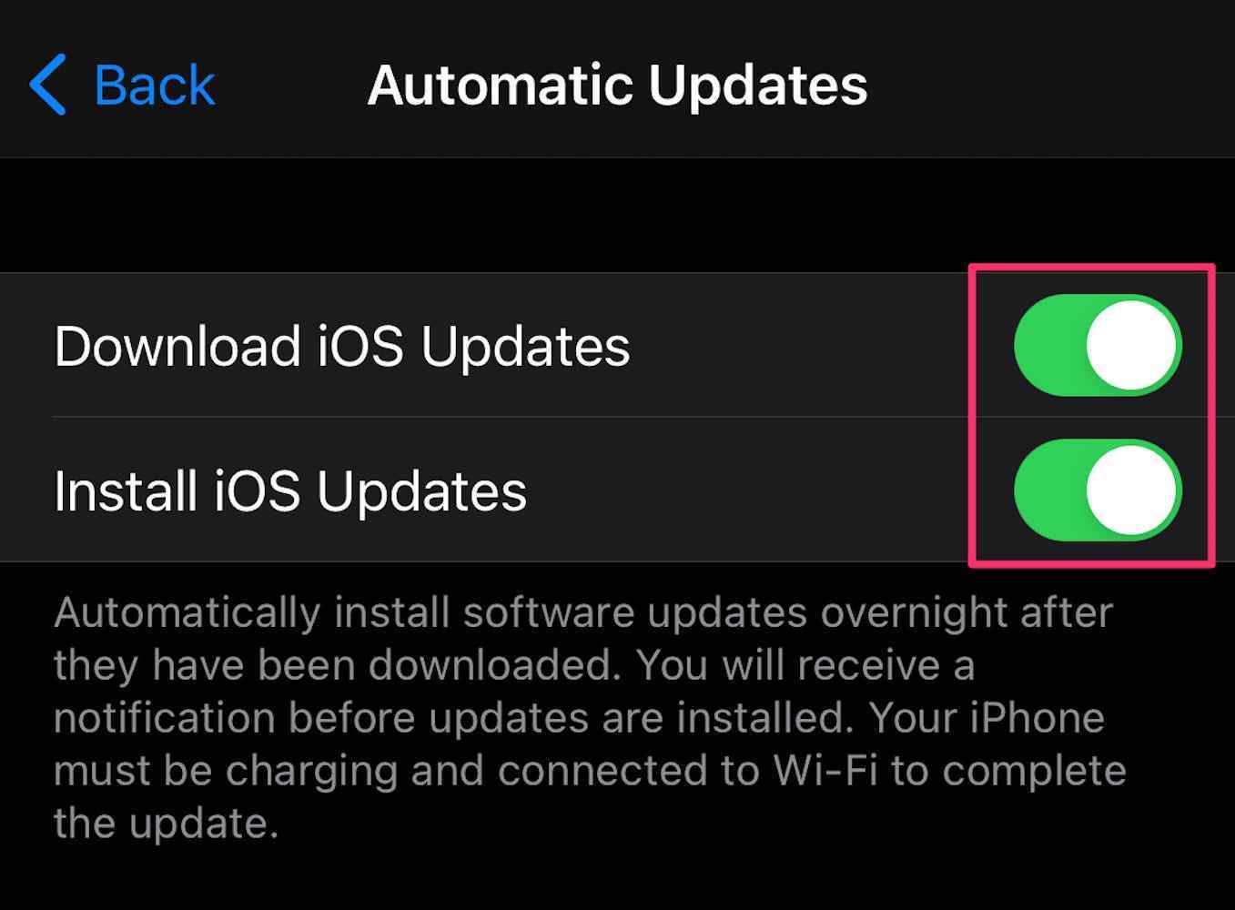 Screenshot der Seite „Automatische Updates“ in der iPhone-App „Einstellungen“.