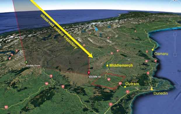 3D-Karte von Neuseeland mit Pfeil, der auf das Gebiet westlich von Dunedin zeigt