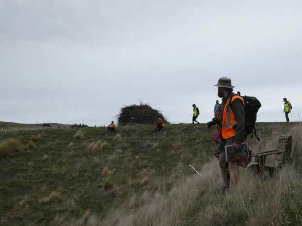 Mann in orangefarbener Warnweste beobachtet, wie andere einen grasbewachsenen Hügel durchsuchen