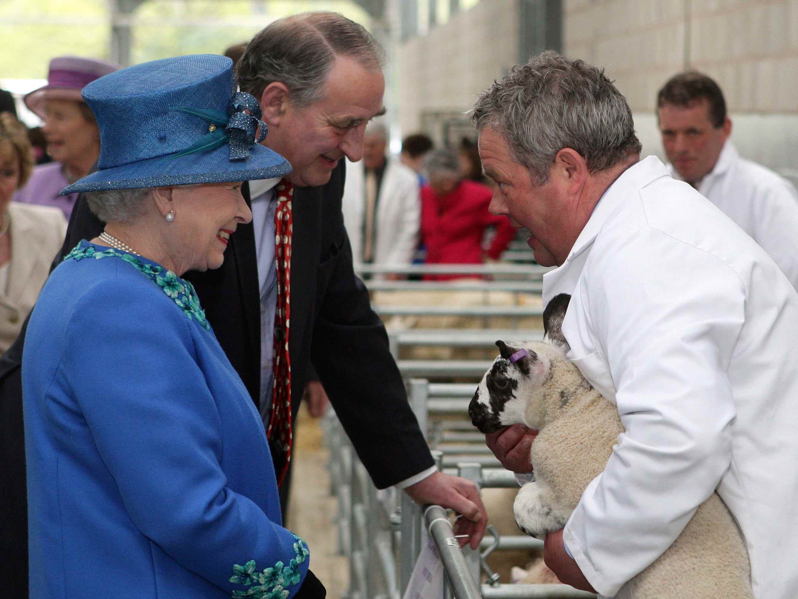 Königin Elizabeth spricht mit einem Bauern, der ein Schaf hält