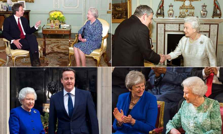 Die Königin mit Tony Blair, Gordon Brown, David Cameron und Theresa May.