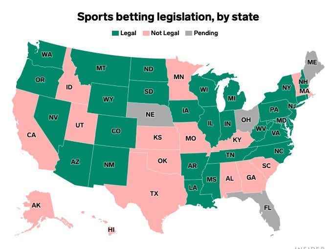 Karte der legalen Sportwetten der Vereinigten Staaten.