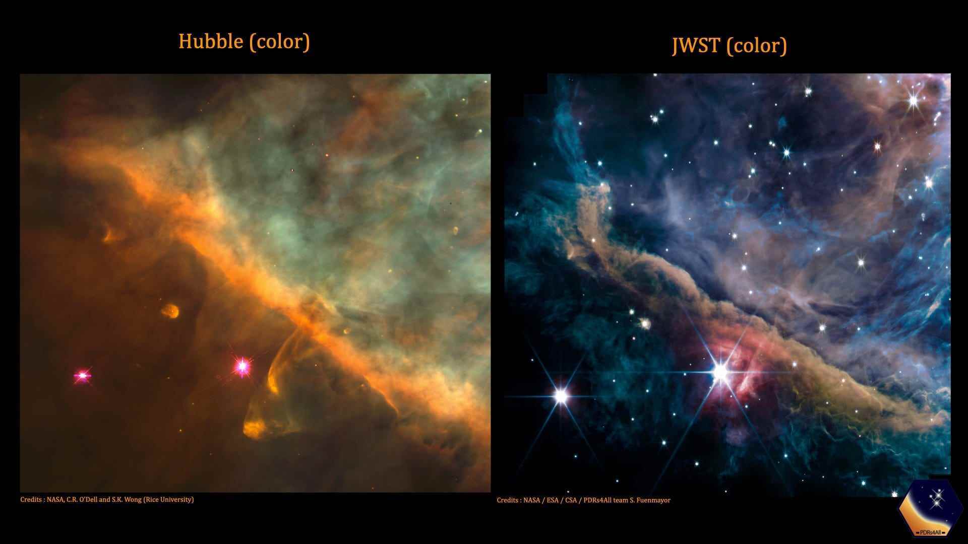 Der Orionnebel, gesehen durch das Hubble-Weltraumteleskop (links) und das James-Webb-Weltraumteleskop (rechts).