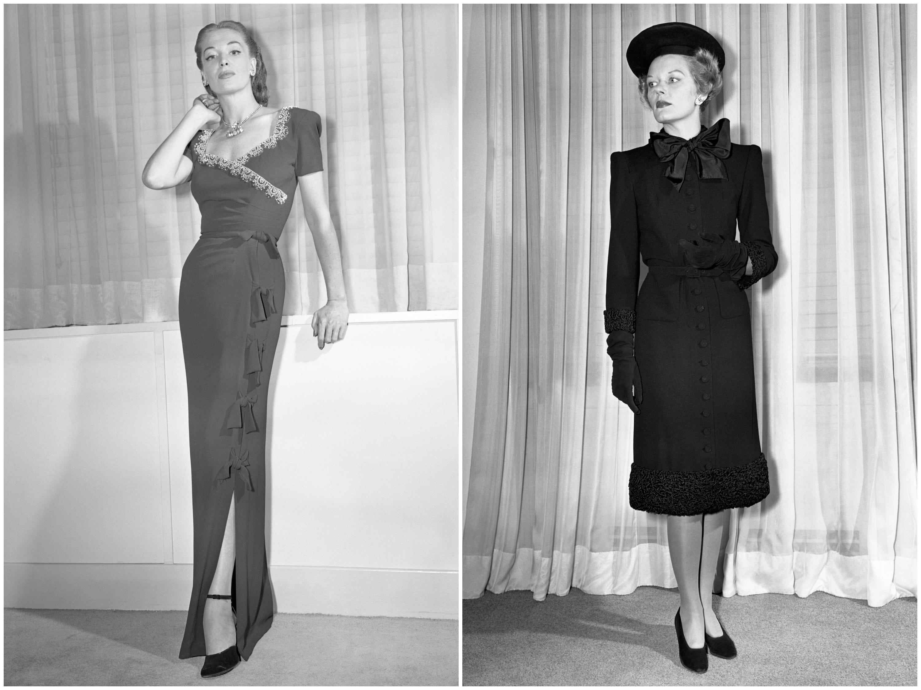 Zwei Schwarz-Weiß-Fotos von Models bei der ersten New York Fashion Week 1943