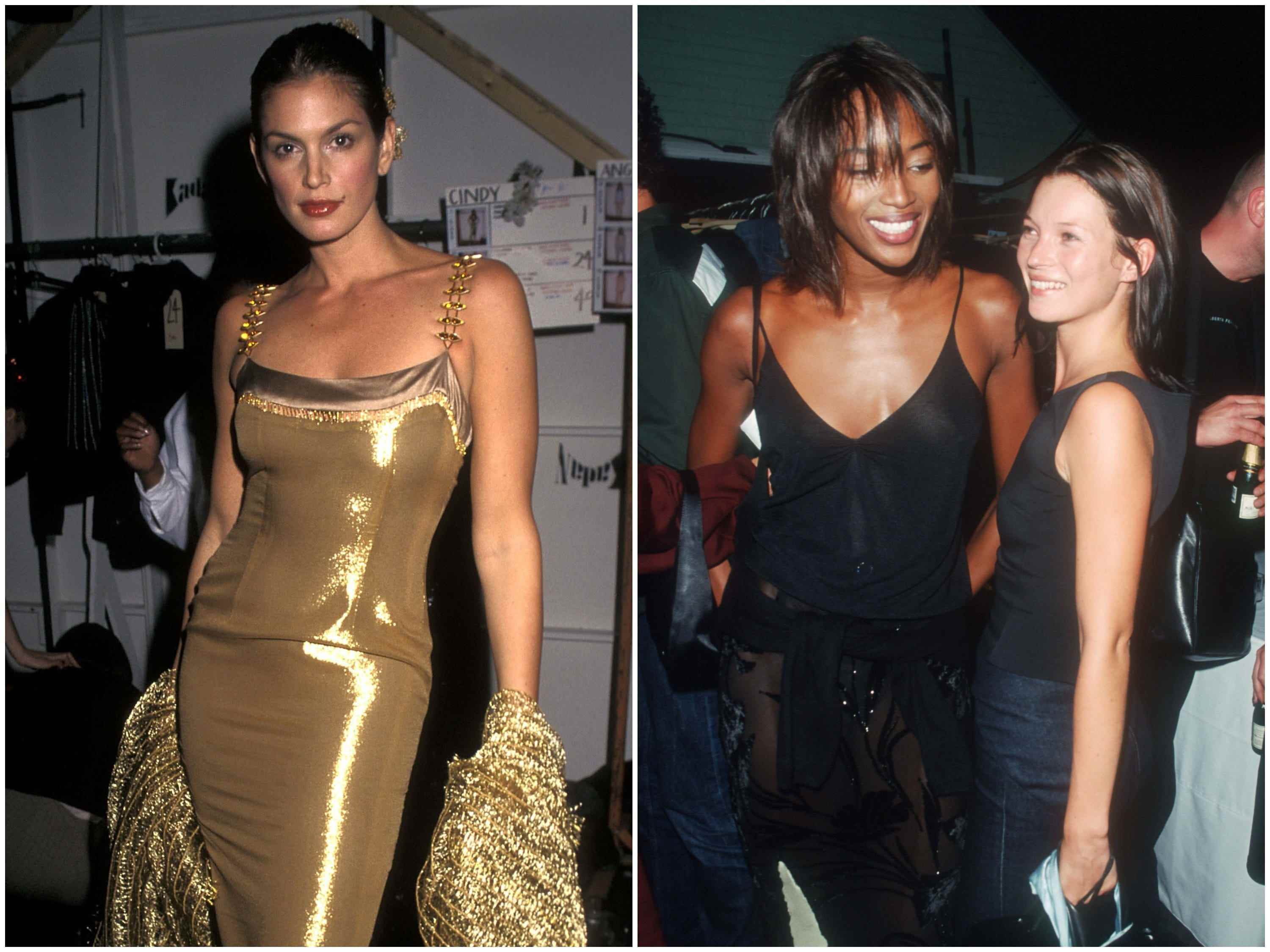 Cindy Crawford bei der Todd Oldham Show bei einer Veranstaltung der New York Fashion Week 1997;  Naomi Campbell und Kate Moss bei der Marc Jacobs Show am 13. September 1999.