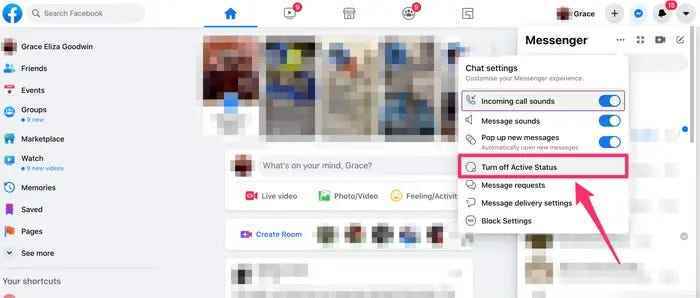 Screenshot von Facebook Messenger mit hervorgehobener Option „Aktiven Status deaktivieren“.