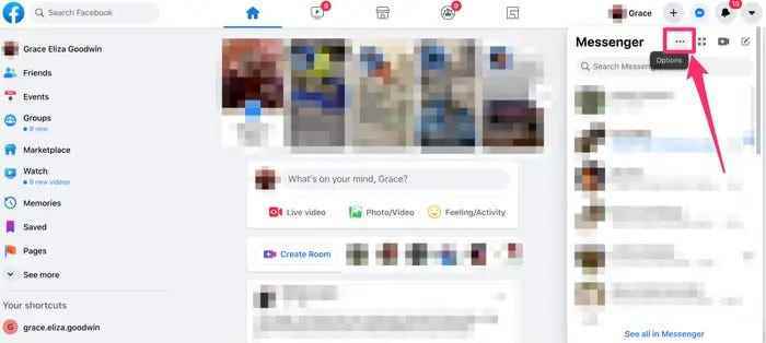 Screenshot von Facebook mit hervorgehobener Messenger-Optionsschaltfläche.