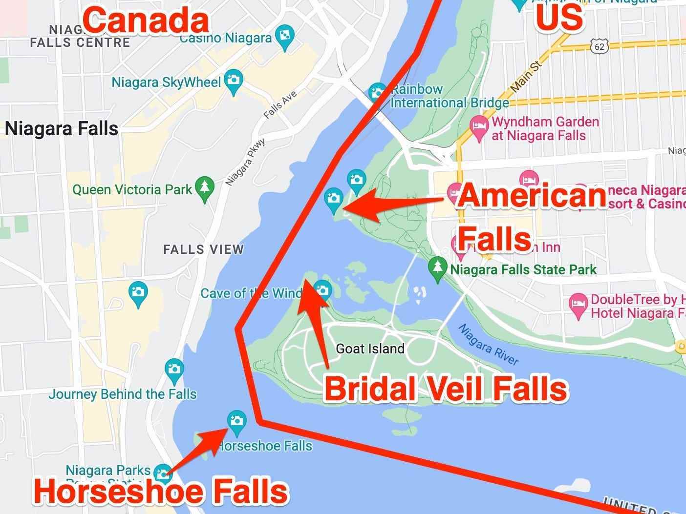 Eine Karte der Niagarafälle in den USA und Kanada