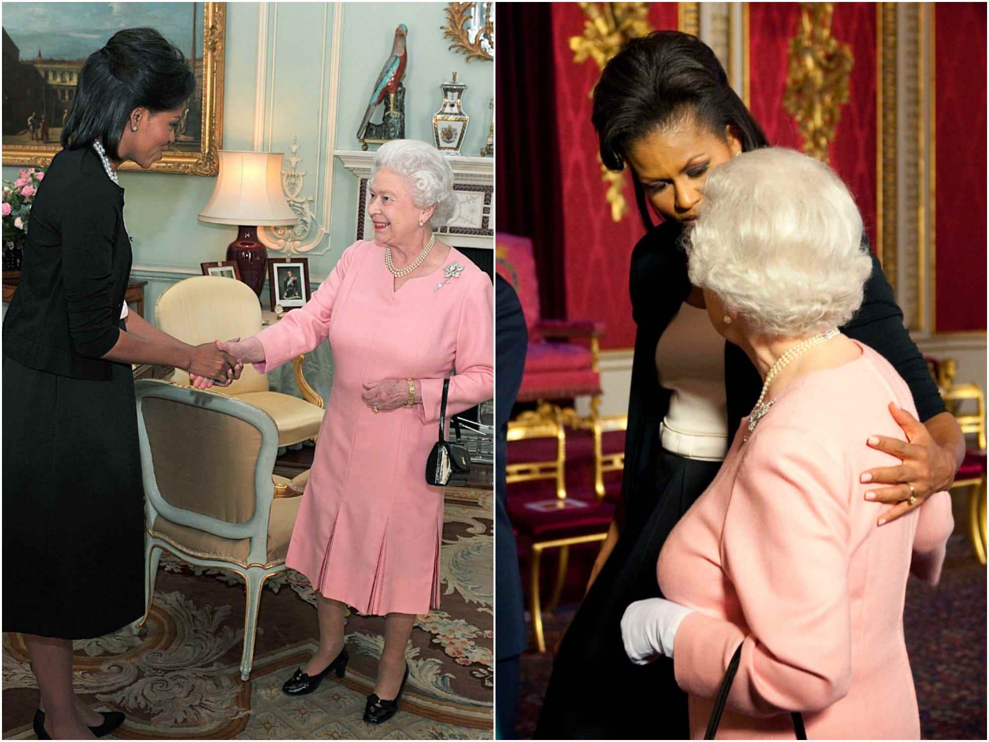 Michelle Obama legt ihren Arm um Queen Elizabeth.
