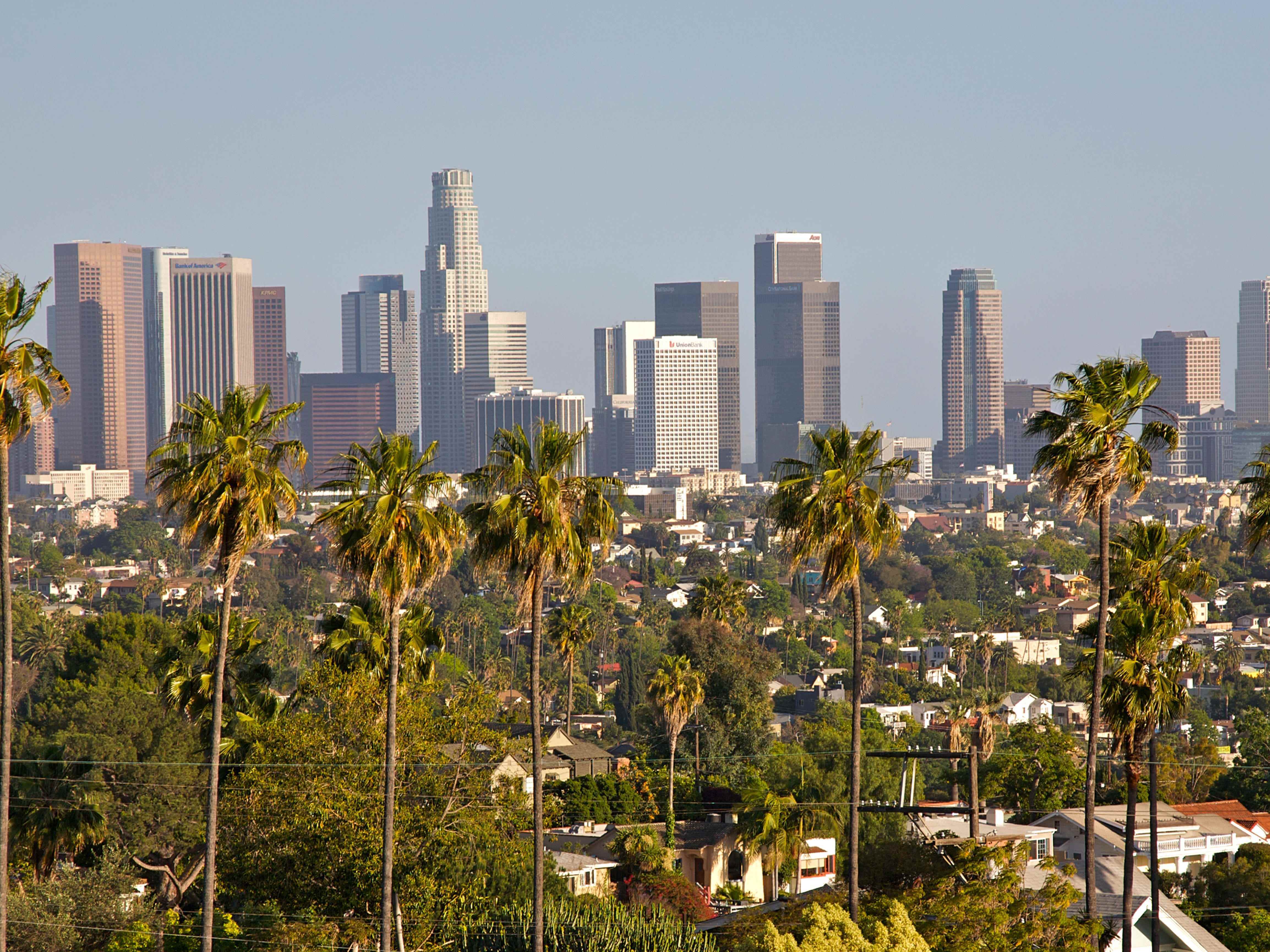 Stadtbild, Wolkenkratzer, Bäume in Los Angeles