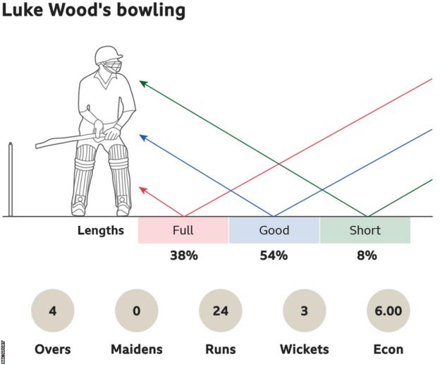 Luke Woods Bowling: 38 % voll, 54 % gute Länge und 8 % kurz.  4 Overs, 0 Maidens, ging für 24 Läufe, nahm 3 Wickets mit einer Wirtschaftlichkeit von 6,00.