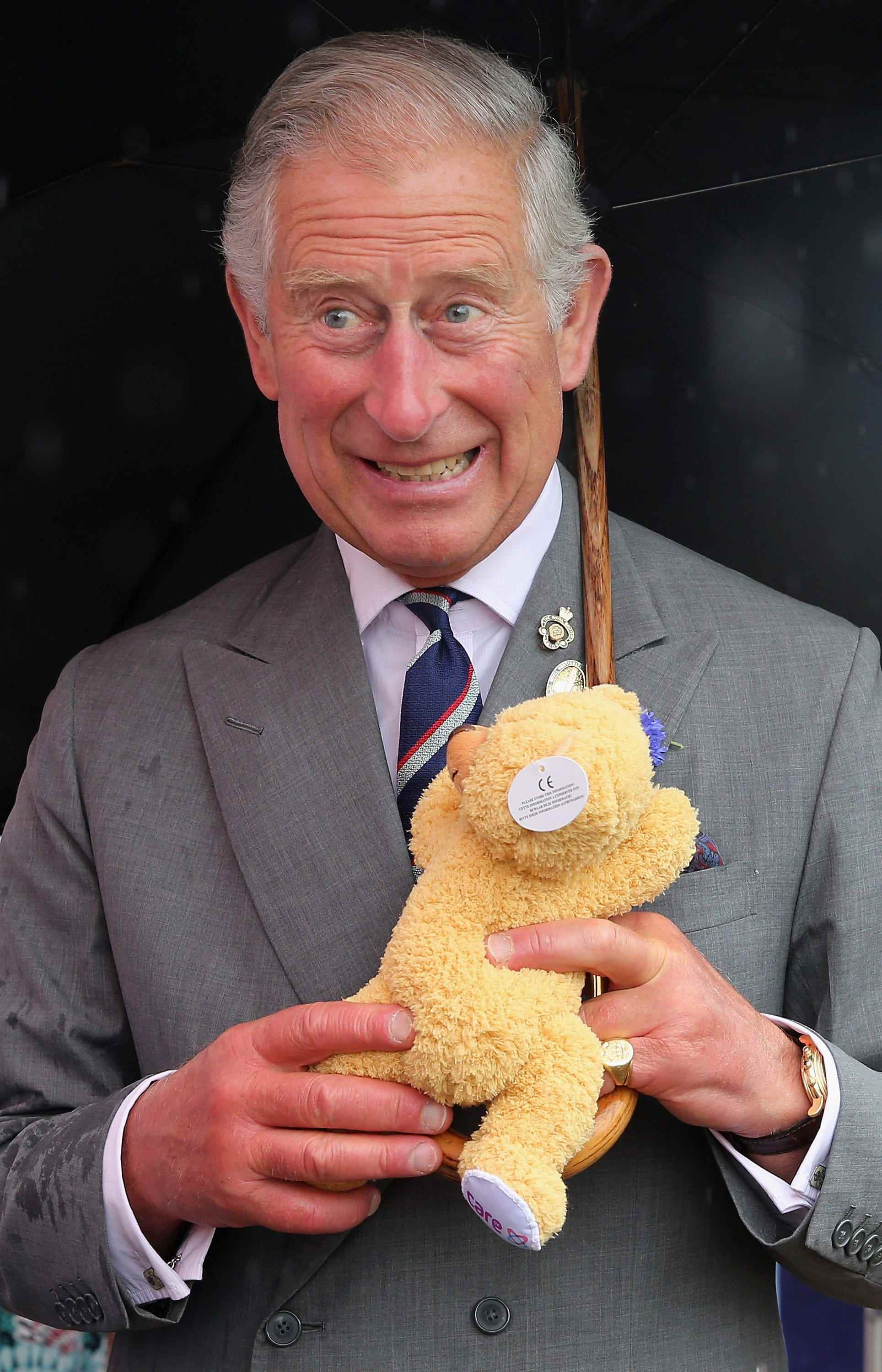 König Charles hält einen Teddybären und lächelt