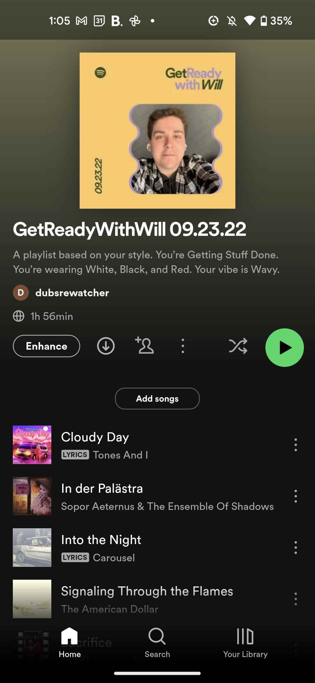 Eine Spotify-Wiedergabeliste „Get Ready With Music“ mit dem Titel „GetReadyWithWill 09.23.22“.