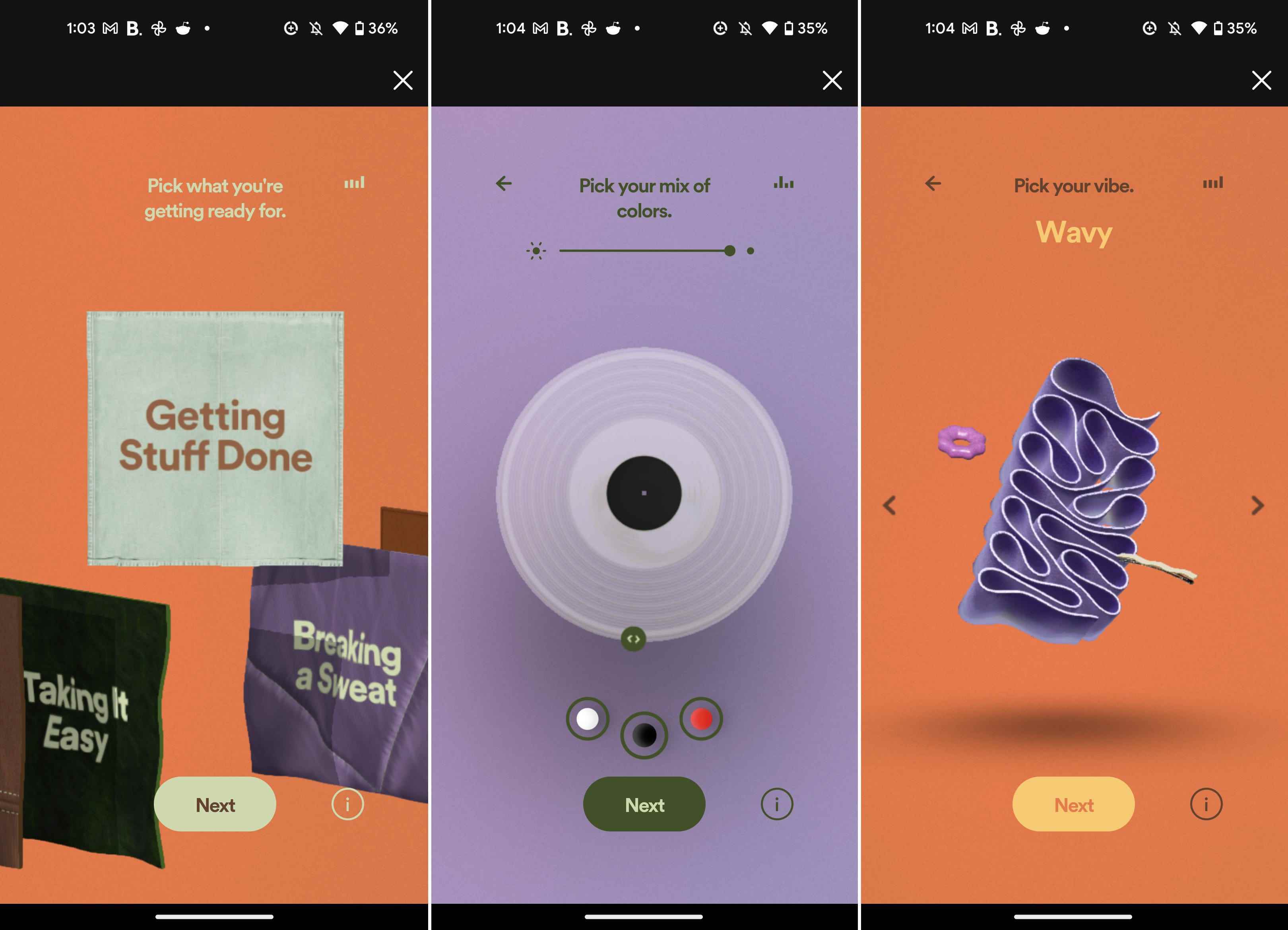 Die Bildschirme im Playlist-Generator „Get Ready With Music“ von Spotify, die nach der Aktivität, den Farben und der Stimmung des Benutzers fragen.