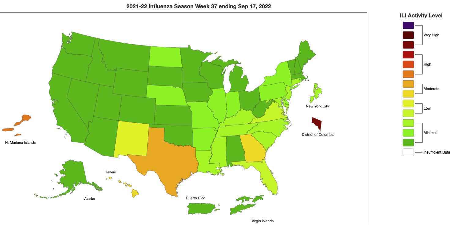 Karte der USA, die jetzt die Grippeaktivität zeigt – mit Fällen in Texas, DC