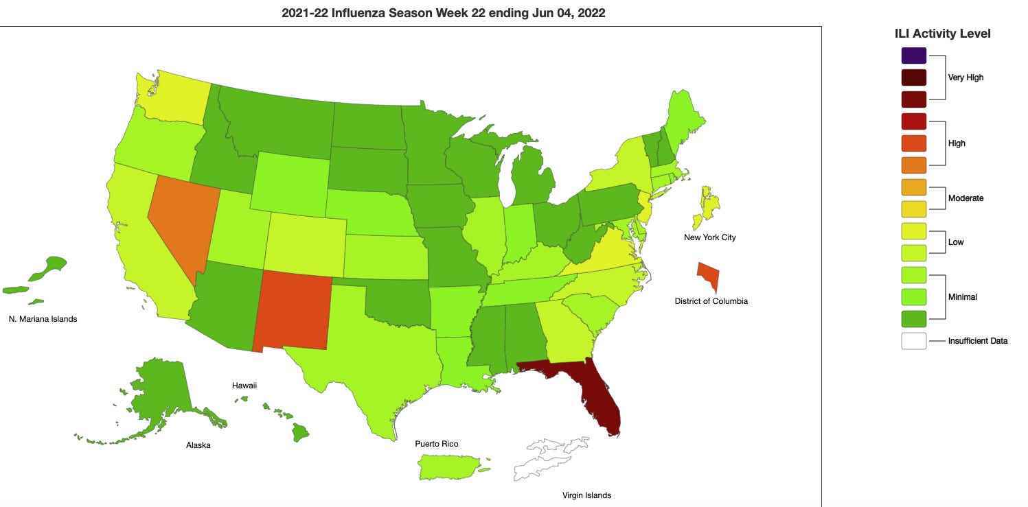 Karte der USA mit Grippeaktivität im Frühjahr – mit verstreuten schlechten Stellen