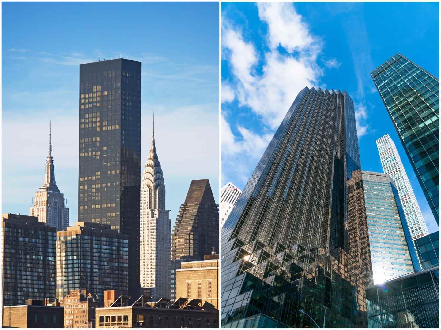 Eine Collage aus Trump World Tower und Trump Tower.