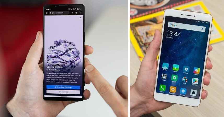 Das moderne Sony Xperia 1 IV (links) und das 2017er Xiaomi Mi Max 2 (rechts) – 4 Marken mit großen Funktionen führen Sie in die Irre: "Großer Bildschirm, zwei Lautsprecher, Leistung"  und mehr