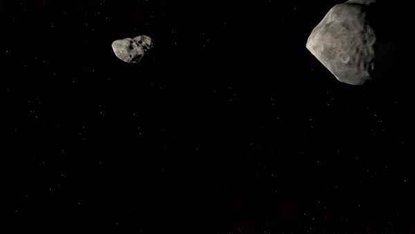 Eine Animation, die von hinten aussieht, als die erste planetare Verteidigungstestmission der NASA, der Double Asteroid Redirection Test (DART), mit dem Asteroiden-Mond Dimorphos kollidiert.