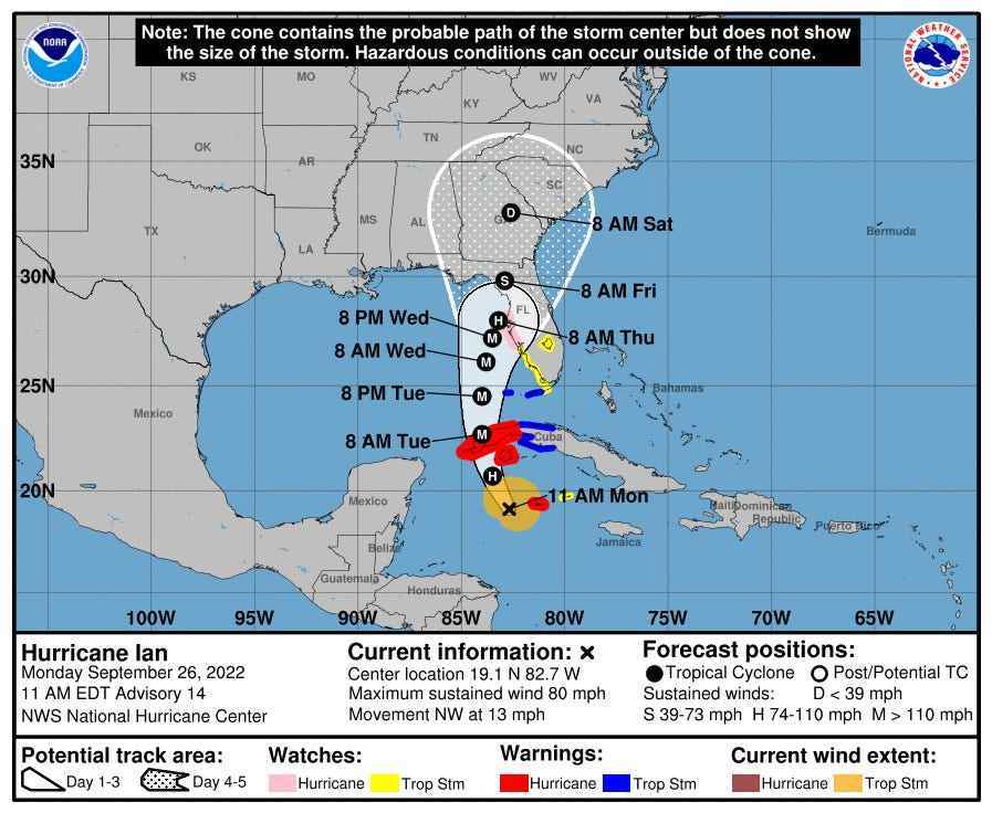 montag 11:00 prognosekegel zeigt hurrikan ian, der auf florida zukommt
