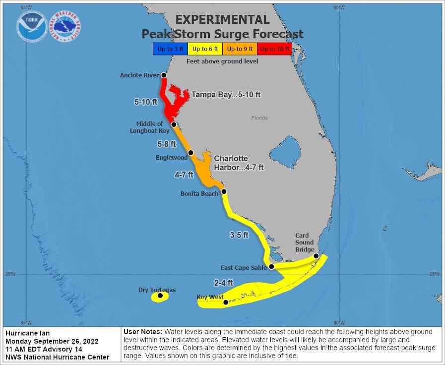 Karte zeigt Sturmflutvorhersage an der Golfküste von Florida Gelb an der Südspitze Orange in der Mitte Rot in Tampa Bay