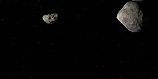 Eine Animation, die von hinten aussieht, als die erste planetare Verteidigungstestmission der NASA, der Double Asteroid Redirection Test (DART), mit dem Asteroiden-Mond Dimorphos kollidiert.