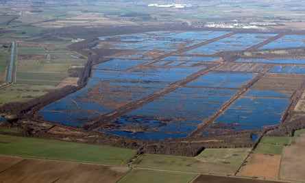 Luftaufnahme der Hatfield Moors mit in Quadrate und Rechtecke unterteiltem Wasser