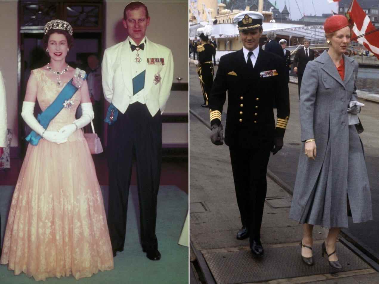 Königin Elizabeth II. und Prinz Phillip (links) sowie Prinz Henrik und Königin Margrethe II. (rechts).